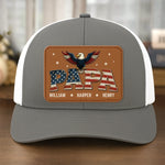 Built Like A Rock, Loves Like A Patriot - Family Personalized Custom Leather Patch Mesh Cap - 4th Of July, Gift For Dad, Grandpa, Papa