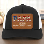 Papa Knows Best - Family Personalized Custom Leather Patch Mesh Cap - 4th Of July, Gift For Dad, Grandpa