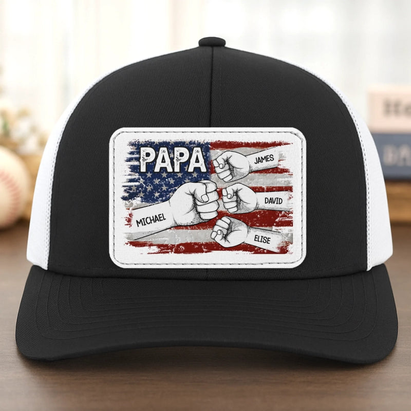 Papa & His Crew - Family Personalized Custom Leather Patch Mesh Cap - 4th Of July, Gift For Dad, Grandpa