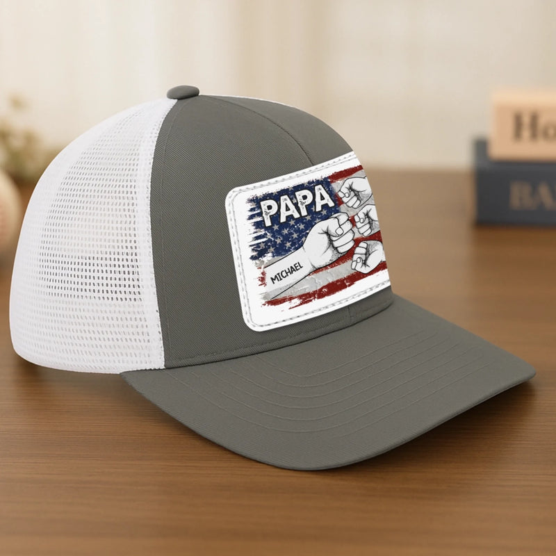 Papa & His Crew - Family Personalized Custom Leather Patch Mesh Cap - 4th Of July, Gift For Dad, Grandpa