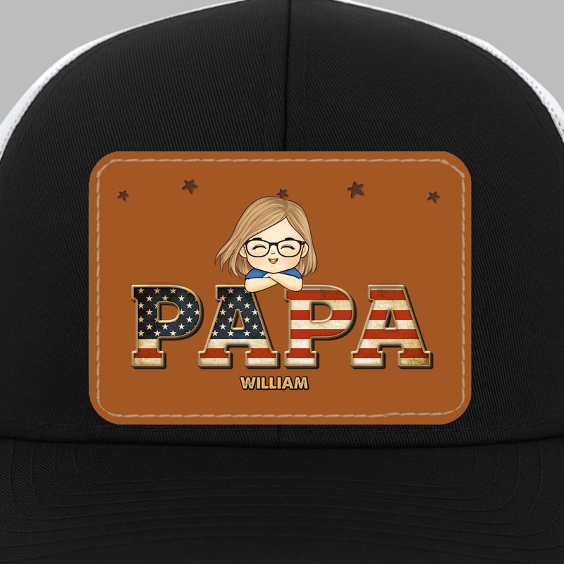 Papa Of Legends - Family Personalized Custom Leather Patch Mesh Cap - 4th Of July, Gift For Dad, Grandpa