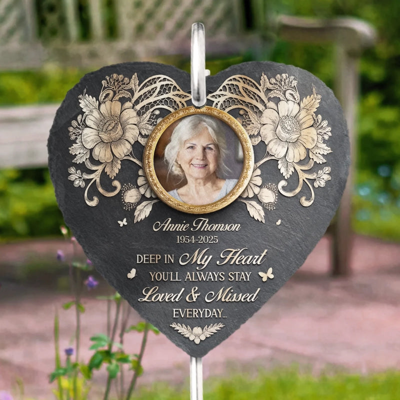 Custom Photo Always In My Heart - Memorial Personalized Memorial Garden Slate & Hook - Sympathy Gift For Family Members
