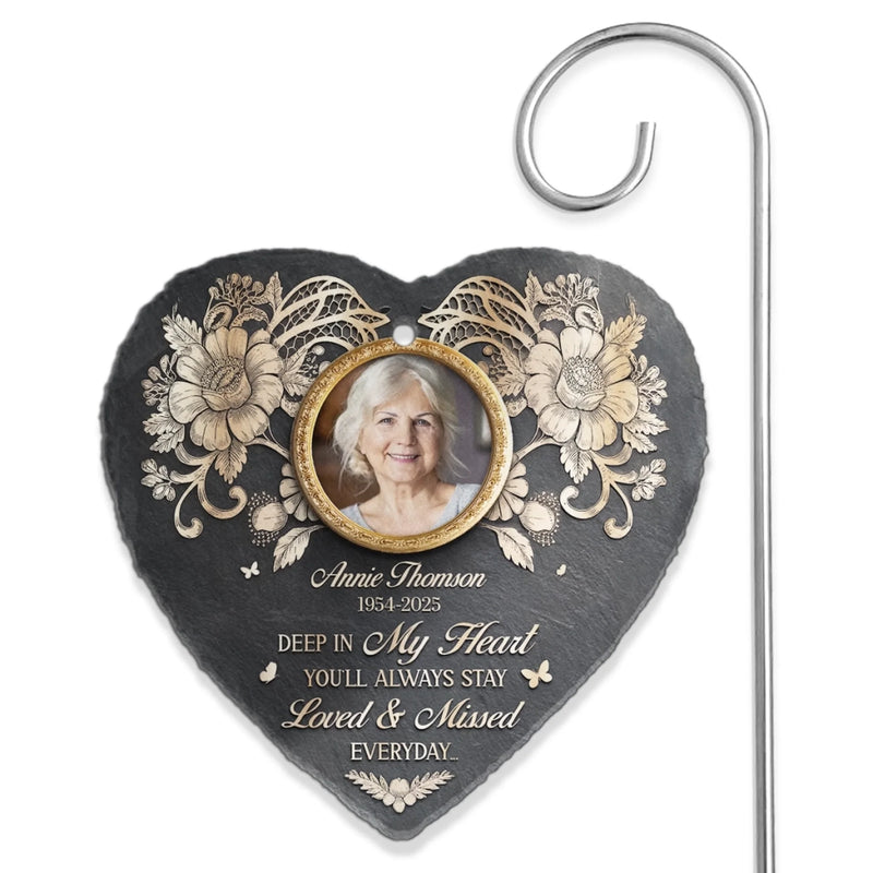 Custom Photo Always In My Heart - Memorial Personalized Memorial Garden Slate & Hook - Sympathy Gift For Family Members
