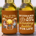 Custom Leather Can Cooler - Personalized Anniversary Wedding Gifts For Husband, Wife, Couple - Drinking Buddies For Life