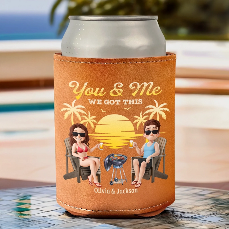 Custom Leather Can Cooler - Personalized Anniversary Wedding Gifts For Husband And Wife, Him And Her - Drinking Buddies For Life