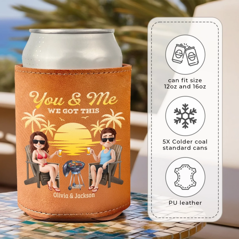 Custom Leather Can Cooler - Personalized Anniversary Wedding Gifts For Husband And Wife, Him And Her - Drinking Buddies For Life