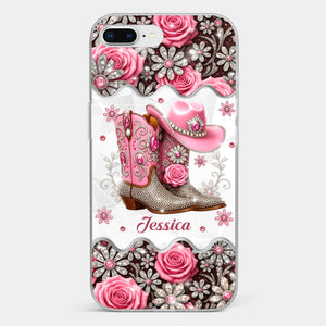 3D Inflated Effect Printed Clear Phone Case - Personalized Cowgirl Gifts For Women, Girls - Bling Boots Babe
