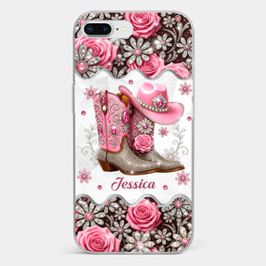3D Inflated Effect Printed Clear Phone Case - Personalized Cowgirl Gifts For Women, Girls - Bling Boots Babe
