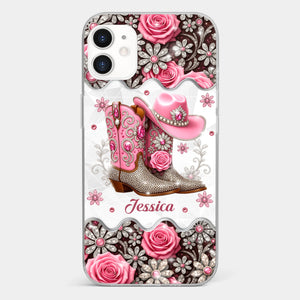3D Inflated Effect Printed Clear Phone Case - Personalized Cowgirl Gifts For Women, Girls - Bling Boots Babe