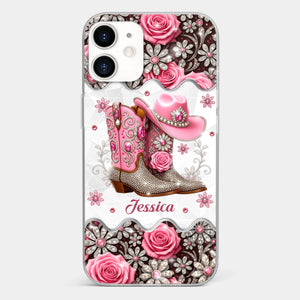 3D Inflated Effect Printed Clear Phone Case - Personalized Cowgirl Gifts For Women, Girls - Bling Boots Babe