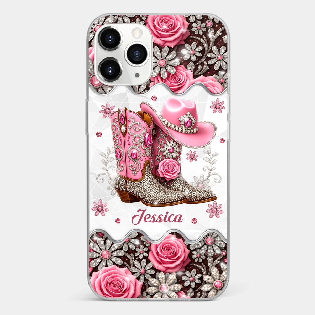 3D Inflated Effect Printed Clear Phone Case - Personalized Cowgirl Gifts For Women, Girls - Bling Boots Babe