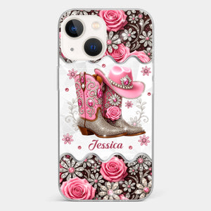 3D Inflated Effect Printed Clear Phone Case - Personalized Cowgirl Gifts For Women, Girls - Bling Boots Babe