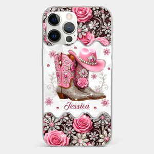 3D Inflated Effect Printed Clear Phone Case - Personalized Cowgirl Gifts For Women, Girls - Bling Boots Babe