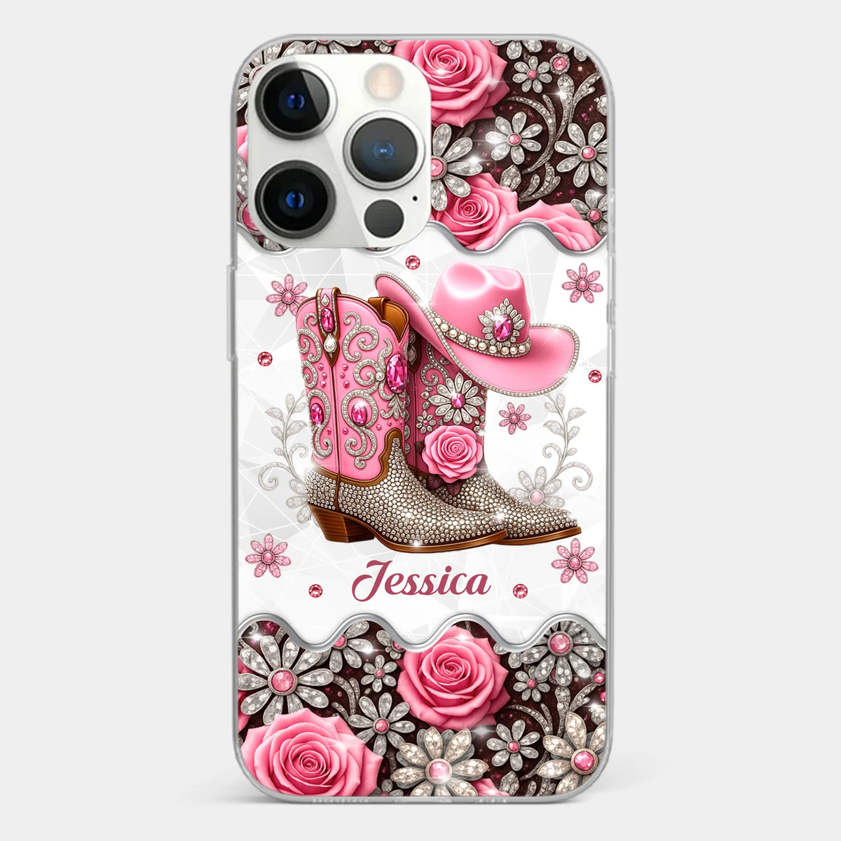 3D Inflated Effect Printed Clear Phone Case - Personalized Cowgirl Gifts For Women, Girls - Bling Boots Babe