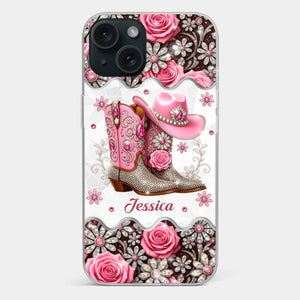 3D Inflated Effect Printed Clear Phone Case - Personalized Cowgirl Gifts For Women, Girls - Bling Boots Babe