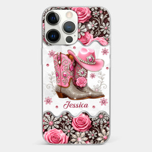 3D Inflated Effect Printed Clear Phone Case - Personalized Cowgirl Gifts For Women, Girls - Bling Boots Babe