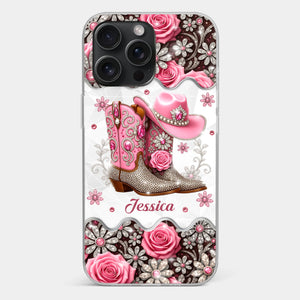 3D Inflated Effect Printed Clear Phone Case - Personalized Cowgirl Gifts For Women, Girls - Bling Boots Babe