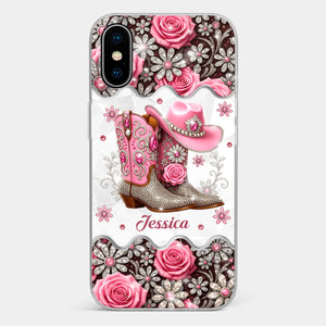 3D Inflated Effect Printed Clear Phone Case - Personalized Cowgirl Gifts For Women, Girls - Bling Boots Babe