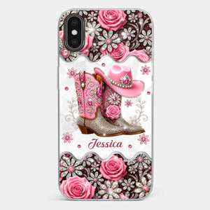 3D Inflated Effect Printed Clear Phone Case - Personalized Cowgirl Gifts For Women, Girls - Bling Boots Babe