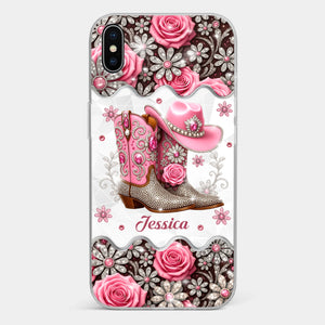 3D Inflated Effect Printed Clear Phone Case - Personalized Cowgirl Gifts For Women, Girls - Bling Boots Babe