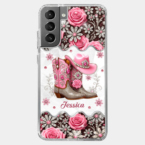 3D Inflated Effect Printed Clear Phone Case - Personalized Cowgirl Gifts For Women, Girls - Bling Boots Babe