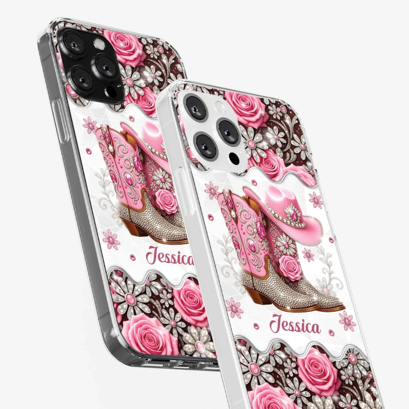 3D Inflated Effect Printed Clear Phone Case - Personalized Cowgirl Gifts For Women, Girls - Bling Boots Babe