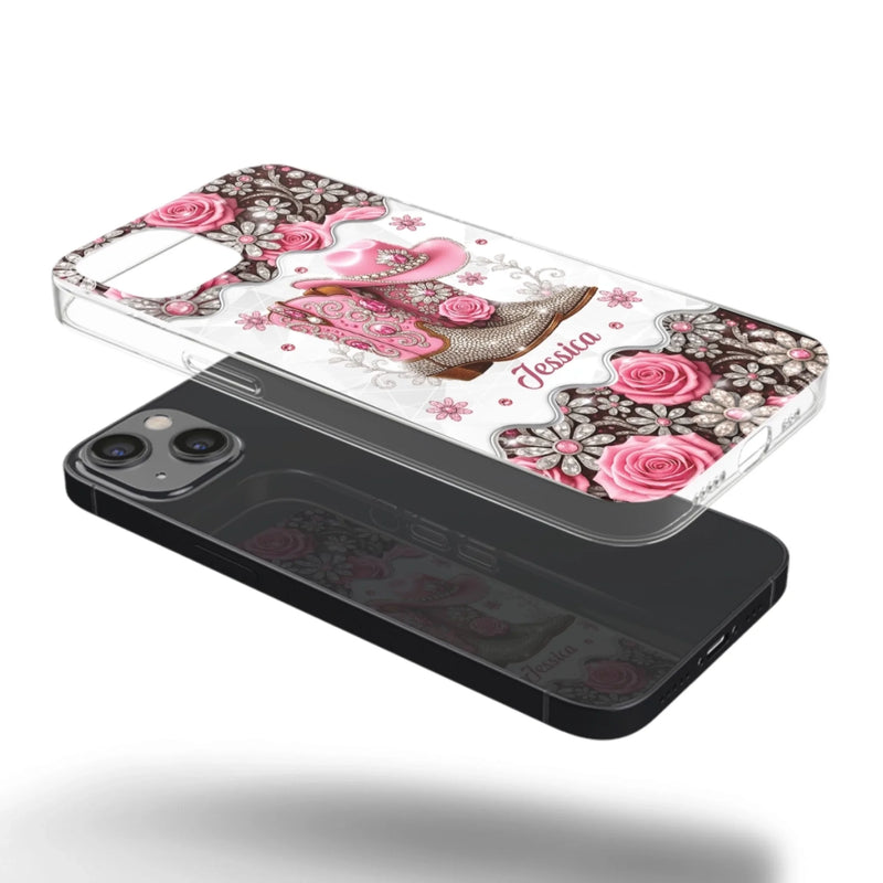 3D Inflated Effect Printed Clear Phone Case - Personalized Cowgirl Gifts For Women, Girls - Bling Boots Babe