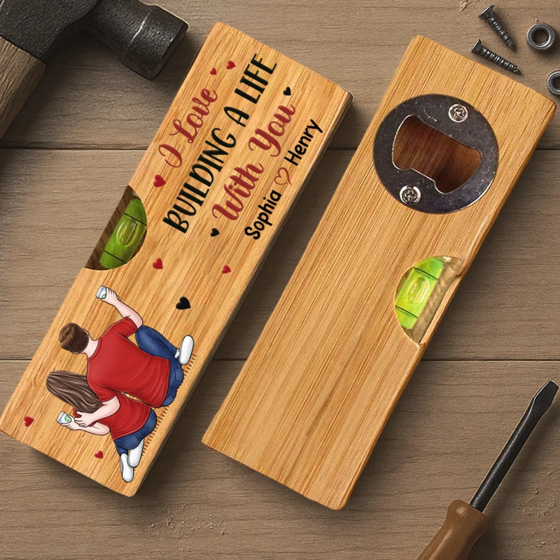 Custom Wooden Bottle Opener With Built-in Spirit Level - Personalized Anniversary Wedding Gifts For Husband And Wife, Him And Her - Still Falling For You