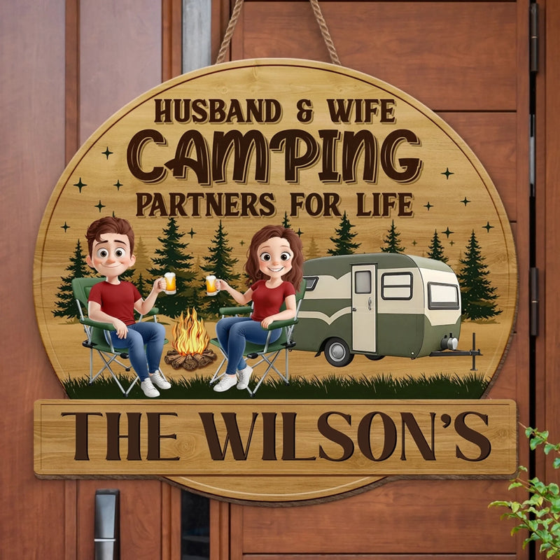 Custom Shaped Home Decor Wood Sign - Personalized Camping Gifts For Husband And Wife, Him And Her - Camping Partners For Life