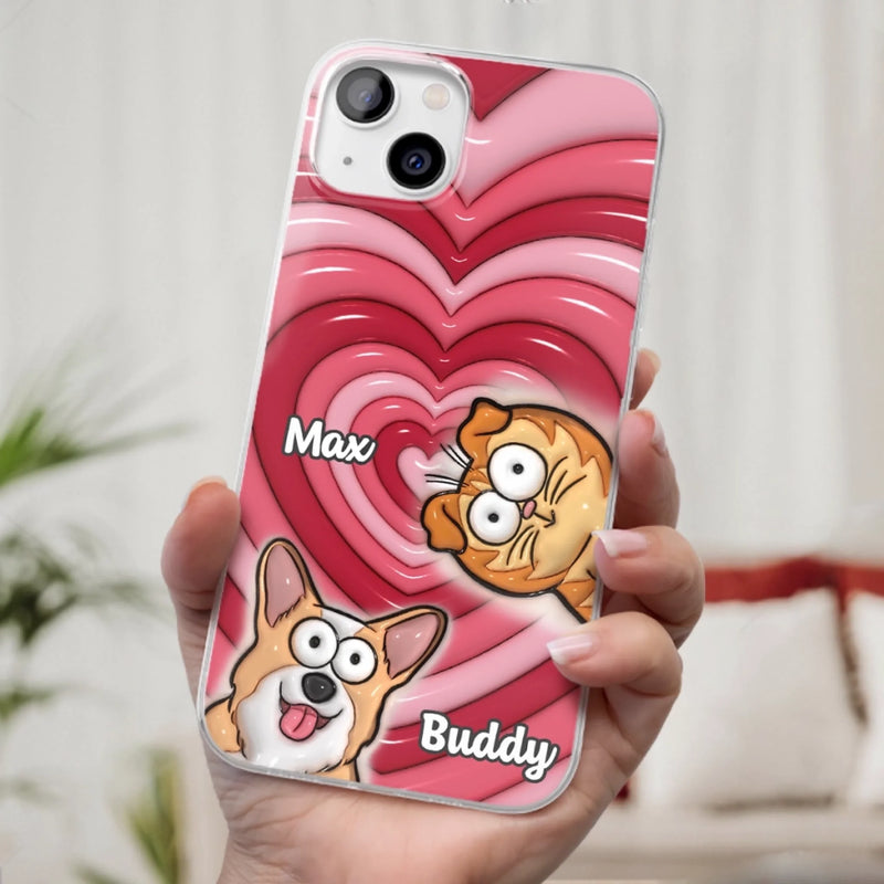 Custom 3D Inflated Effect Printed Clear Phone Case - Personalized Birthday Gifts For Dog Cat Lovers, Dog Dad And Mom, Cat Owners - Cute Pets, Happy Hearts