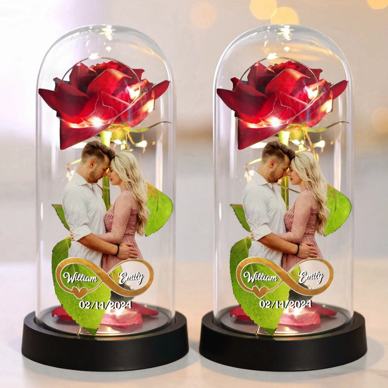 Custom Photo Light Up Eternal Rose In Glass Dome - Personalized Anniversary Wedding Gifts For Husband And Wife, Him And Her - Forever Yours, Forever Mine