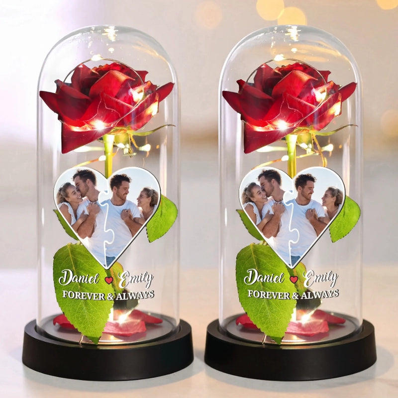 Custom Photo Light Up Eternal Rose In Glass Dome - Personalized Anniversary Wedding Gifts For Husband And Wife, Him And Her - Our Love Shines Forever