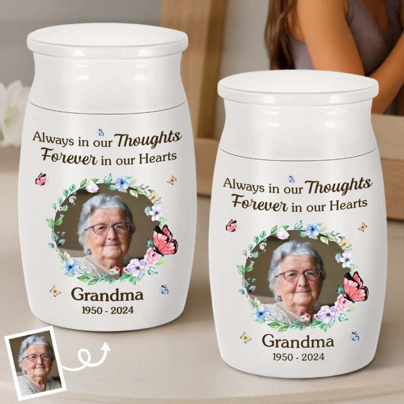 Custom Photo Decorative Urn - Personalized Memorial Sympathy Gifts For Loss Of Mom, Dad - Always In Ours Thoughts