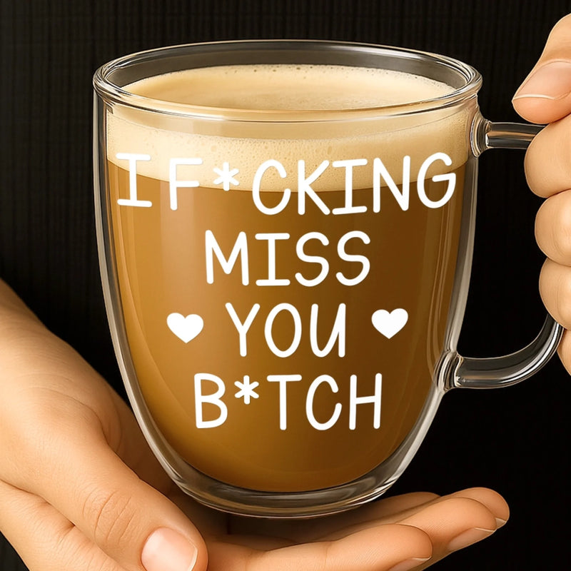 Custom Double Wall Glass Mug - Personalized Best Friend Birthday Gifts For Women - Miles Away Still Sharing Coffee