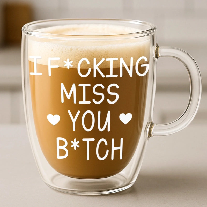 Custom Double Wall Glass Mug - Personalized Best Friend Birthday Gifts For Women - Miles Away Still Sharing Coffee