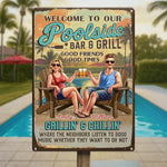 Custom Name Poolside Bar & Grill Gifts for Couples - Personalized Metal Sign