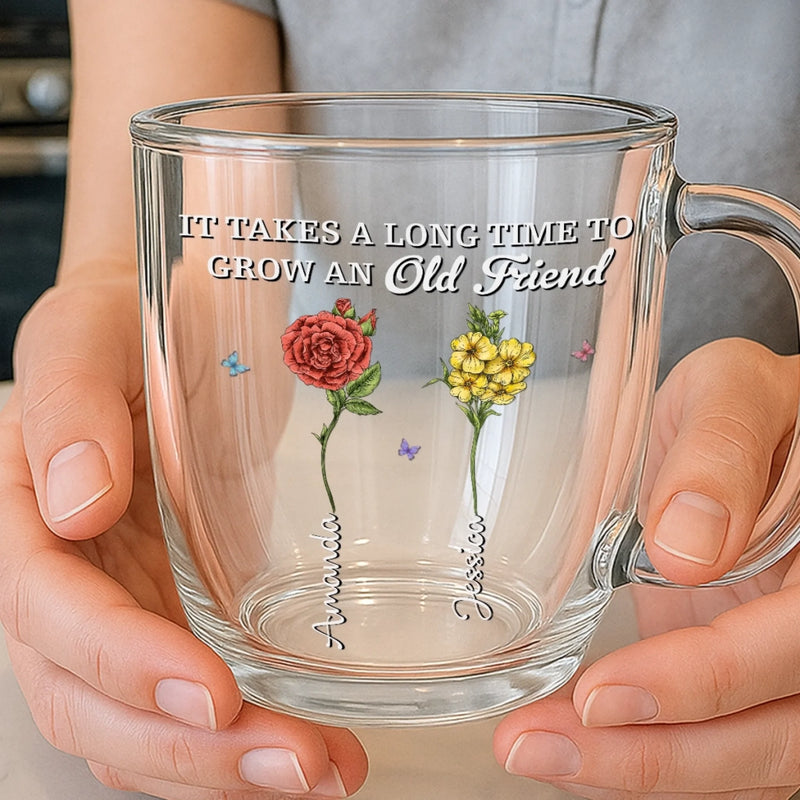 Custom Double Wall Glass Mug - Personalized Best Friend Birthday Gifts For Women - It Takes A Long Time To Grow An Old Friend