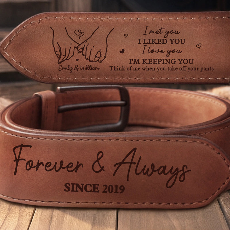 Custom Double-Sided Engraved Leather Belt - Personalized Anniversary Wedding Gifts For Husband And Wife, Him And Her - Forever And Always