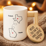 Custom Ceramic Mug With Wooden Lid & Handle - Personalized Best Friend Birthday Gifts For BFF, Best Friends - Never Too Far To Have Coffee Together