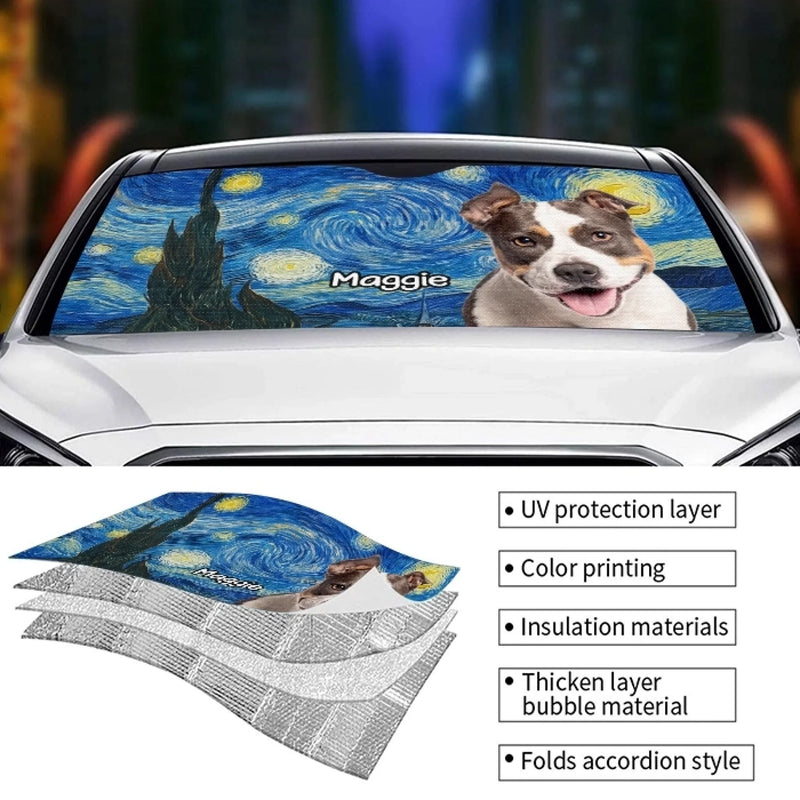 Custom Photo Auto Windshield Sunshade, Car Window Protector - Personalized Birthday Gifts For Dog Cat Lovers, Dog Dad And Mom, Cat Owners - Painted In Fur And Stars