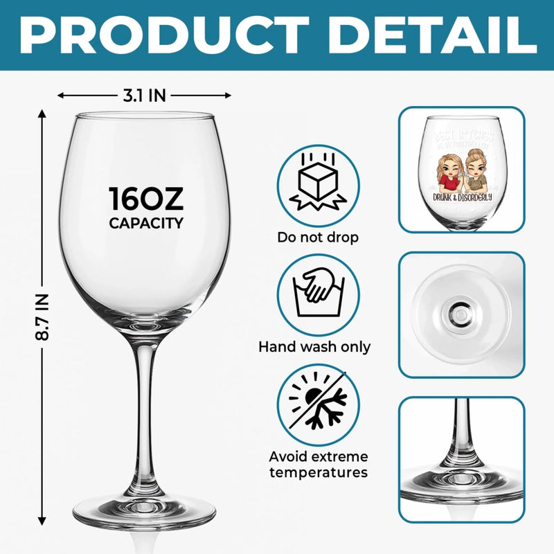 Custom Stemmed Wine Glass - Personalized Best Friend Birthday Gifts For Women - Drunk Together, Stay Together