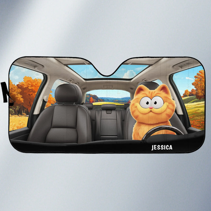 Custom Auto Windshield Sunshade, Car Window Protector - Personalized Summer Vacation And Travel Gifts For Cat Lovers, Cat Mom And Dad - Road Trips With My Furry Crew