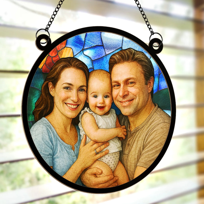Custom Photo Window Hanging Suncatcher Ornament - Personalized Birthday Gifts For Mom, Dad, Kids - Together Is Our Happy Place