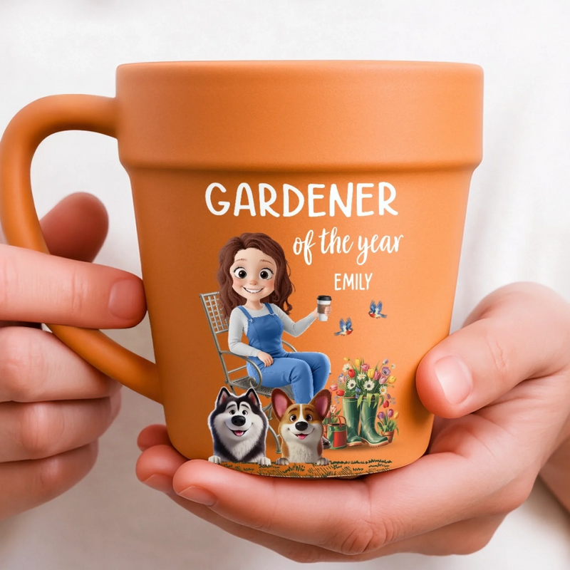 Custom Plant Pot Ceramic Mug - Personalized Garden Gifts For Gardeners, Dog Lovers, Dog Dad And Mom - Green Thumb, Golden Heart - Flower Pot Mug