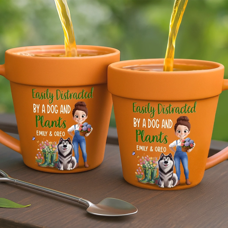 Custom Plant Pot Ceramic Mug - Personalized Garden Gifts For Gardeners, Dog Lovers, Dog Dad And Mom - Happiness In Paws And Petals - Flower Pot Mug
