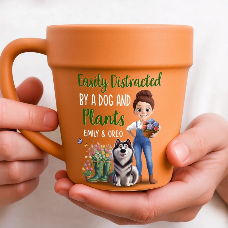 Custom Plant Pot Ceramic Mug - Personalized Garden Gifts For Gardeners, Dog Lovers, Dog Dad And Mom - Happiness In Paws And Petals - Flower Pot Mug
