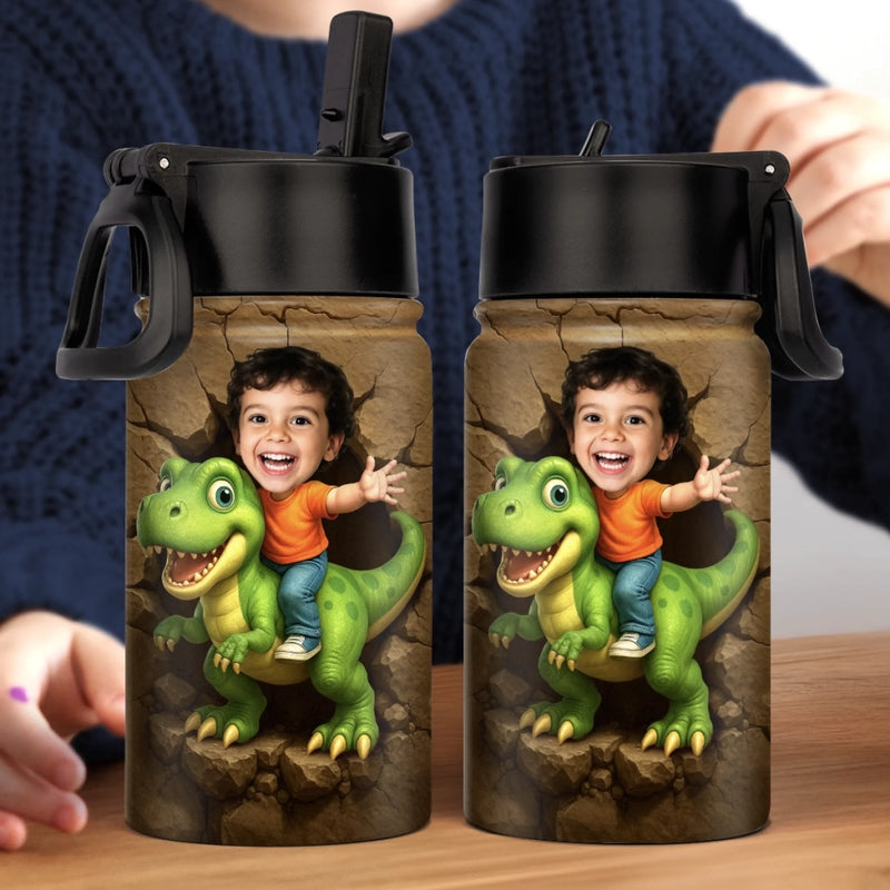 Custom Photo 3D Inflated Effect Printed Kids Water Bottle - Personalized Back To School Gifts For Kids - Roar Into Every Adventure