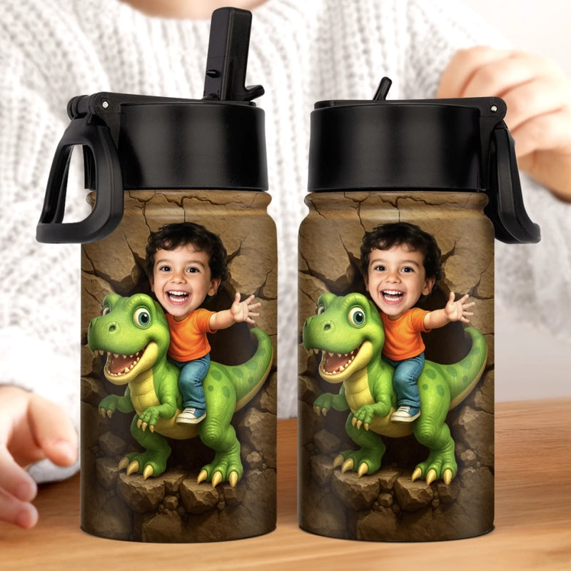Custom Photo 3D Inflated Effect Printed Kids Water Bottle - Personalized Back To School Gifts For Kids - Roar Into Every Adventure