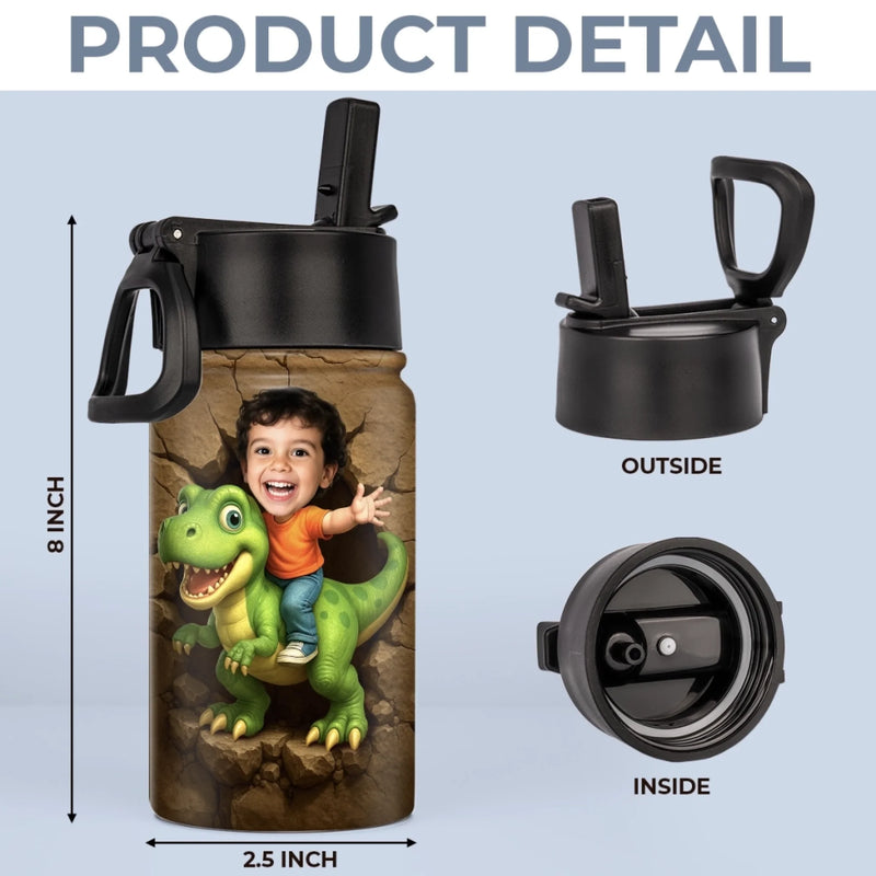 Custom Photo 3D Inflated Effect Printed Kids Water Bottle - Personalized Back To School Gifts For Kids - Roar Into Every Adventure