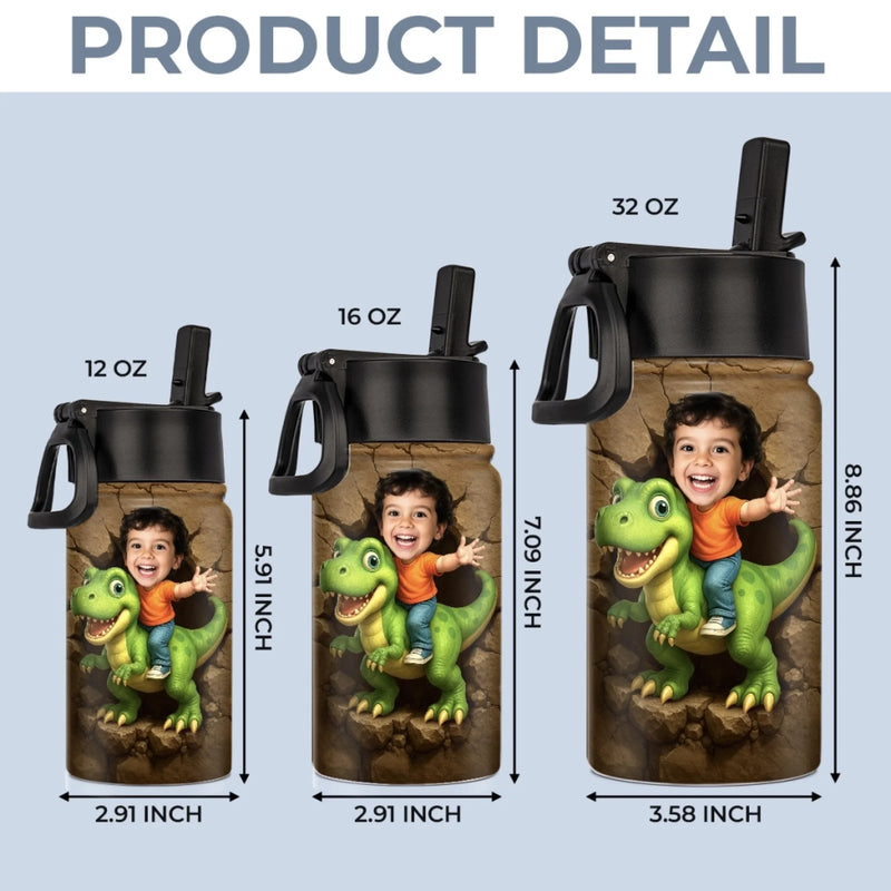 Custom Photo 3D Inflated Effect Printed Kids Water Bottle - Personalized Back To School Gifts For Kids - Roar Into Every Adventure